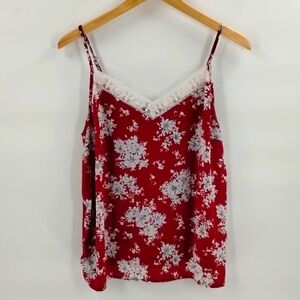 Naif tank camisole size large red white floral print adjustable strap lace trim